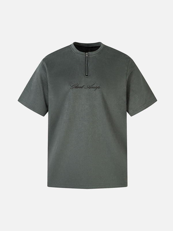 Front view of a dark gray suede quarter zip T-shirt by TALISHKO, featuring elegant embroidery.