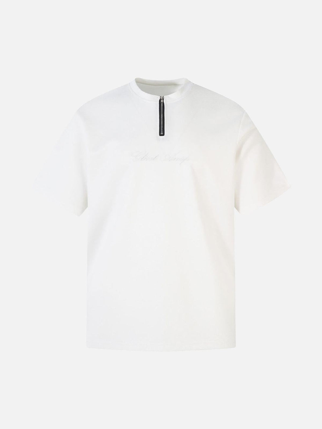Front view of a white quarter zip T-shirt by TALISHKO, featuring delicate suede embroidery.