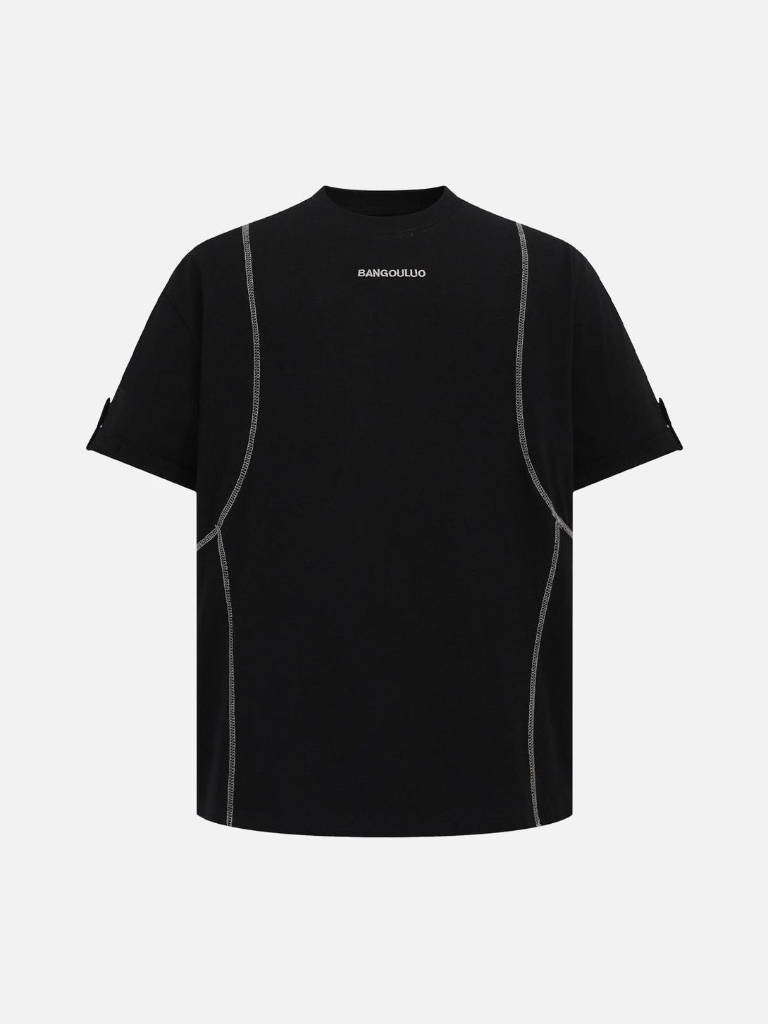 Front view of a black retro quilted design T-shirt with contrast stitching by TALISHKO.