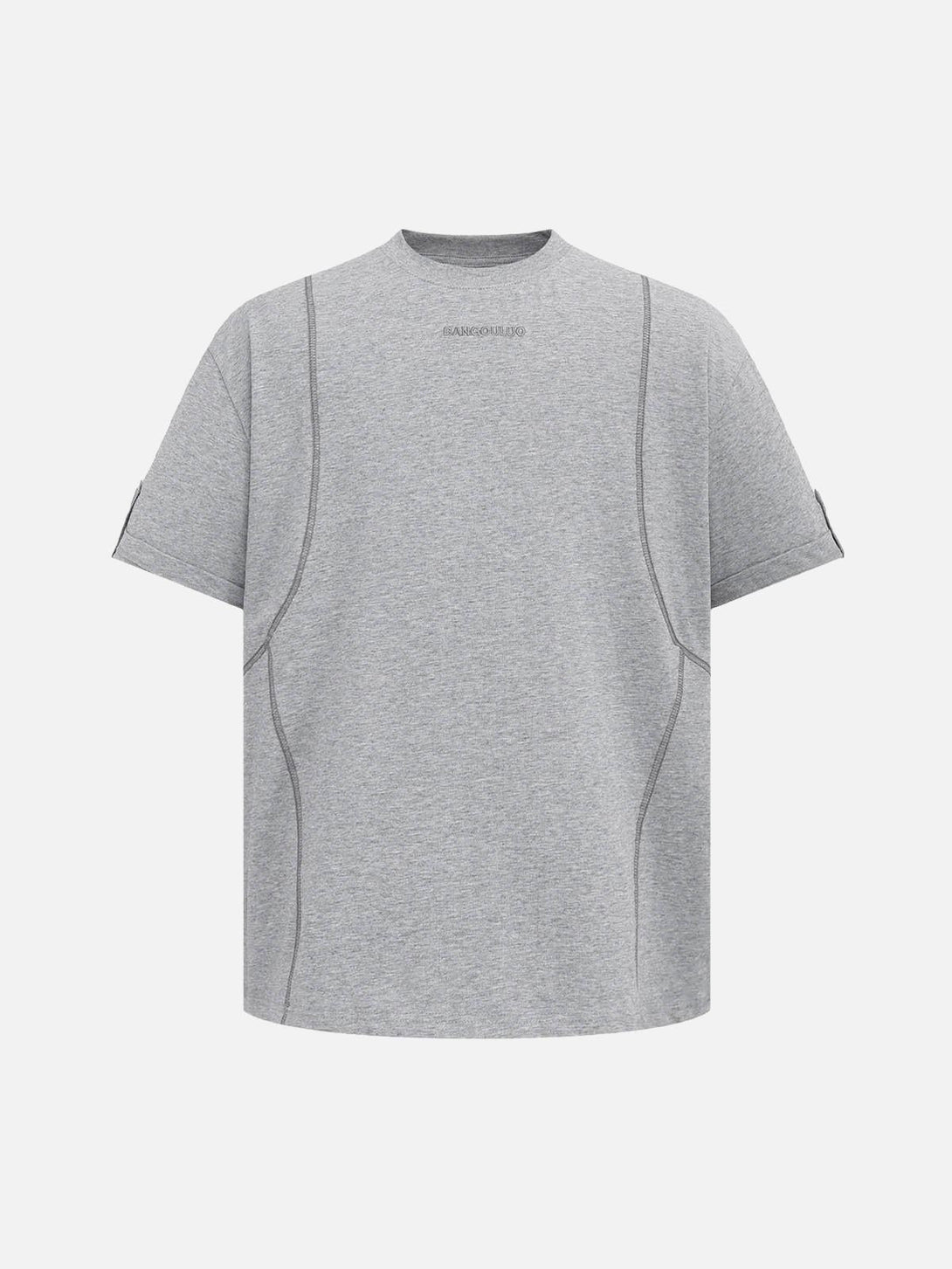 Front view of a gray retro quilted T-shirt by TALISHKO, featuring unique stitching details.
