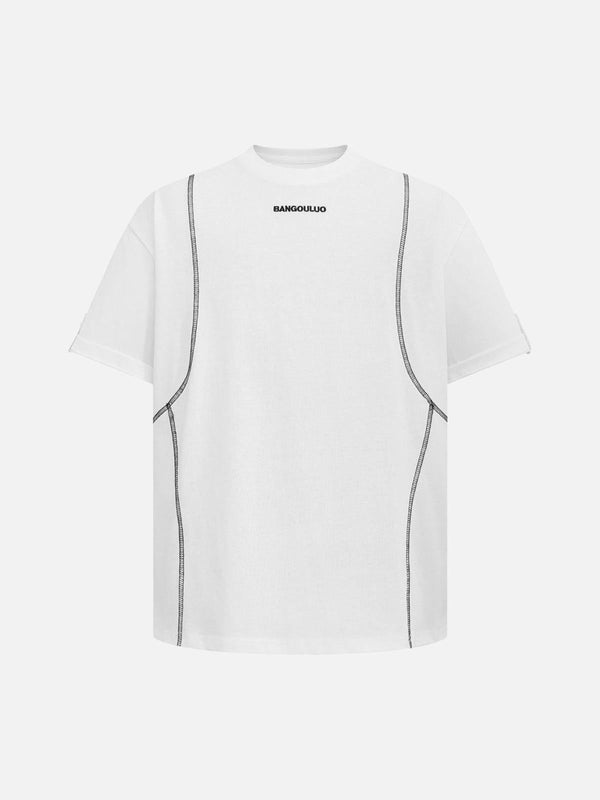 Front view of a white retro quilted design T-shirt by TALISHKO, featuring black stitching details.