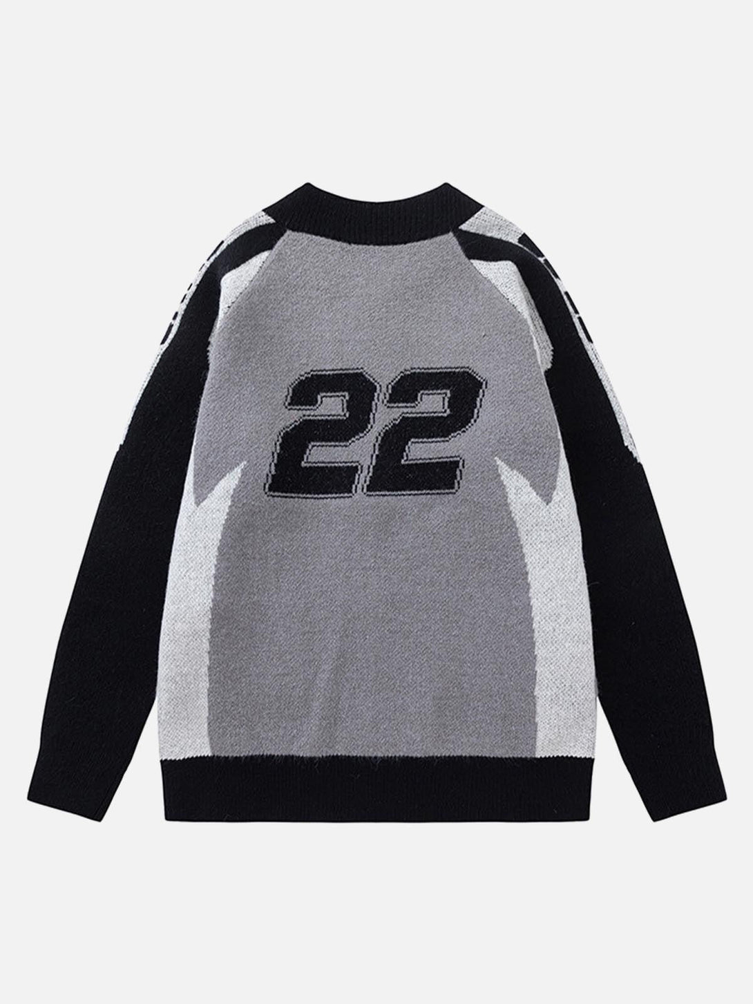 Back view of a TALISHKO retro racing bomber sweater jacket in blue with number 22 design.