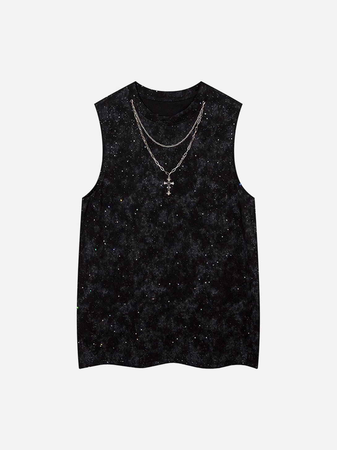 Front view of a black TALISHKO vest featuring a retro rhinestone cross chain detail.