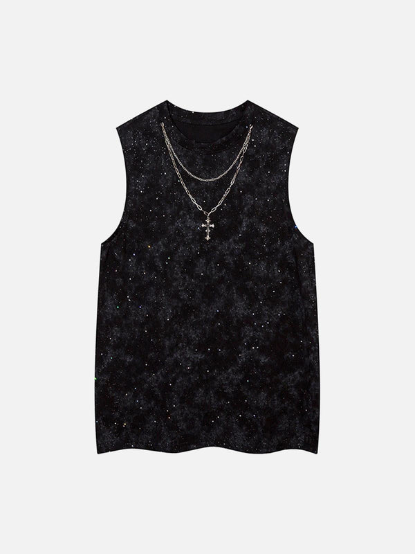 Front view of a black TALISHKO vest featuring a retro rhinestone cross chain detail.