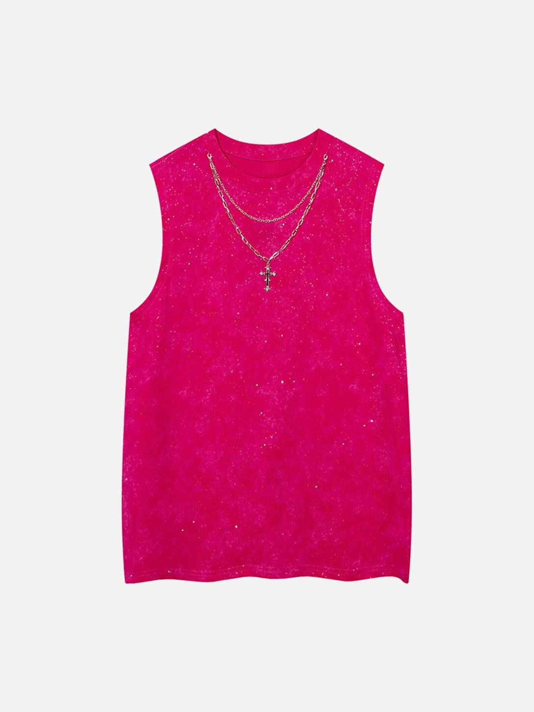 Front view of a rose red TALISHKO vest with retro rhinestone cross chain detail.