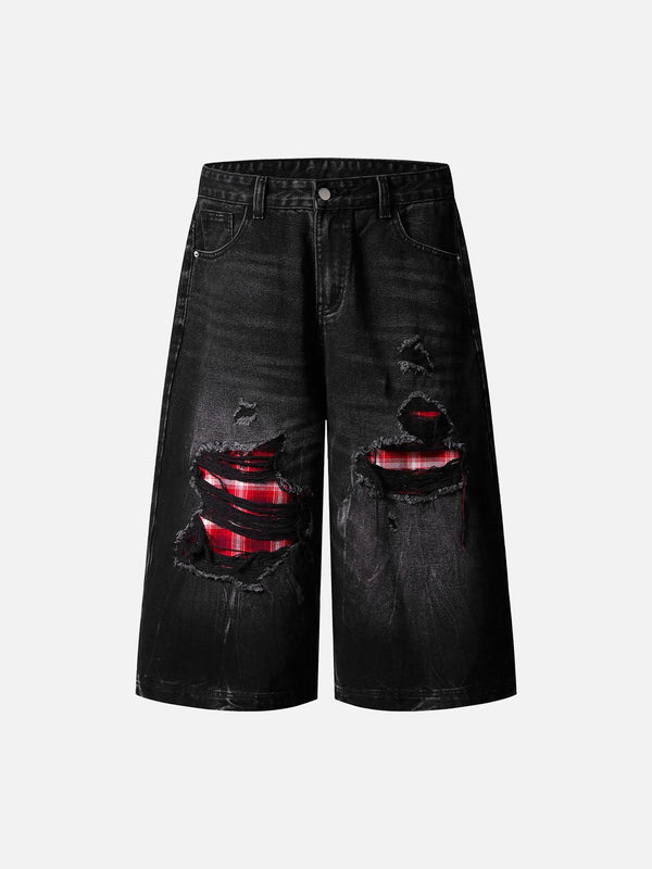 Front view of TALISHKO black denim shorts with retro ripped plaid contrast, ideal for summer style.