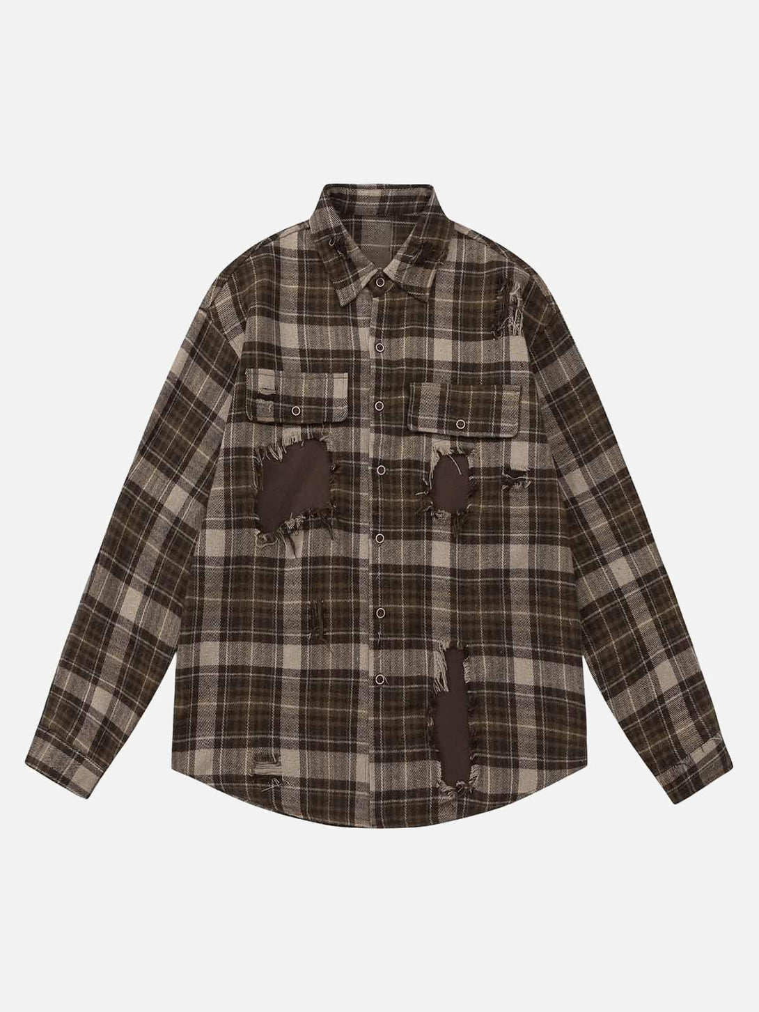 Front view of a brown plaid shirt with ripped patchwork design by TALISHKO.