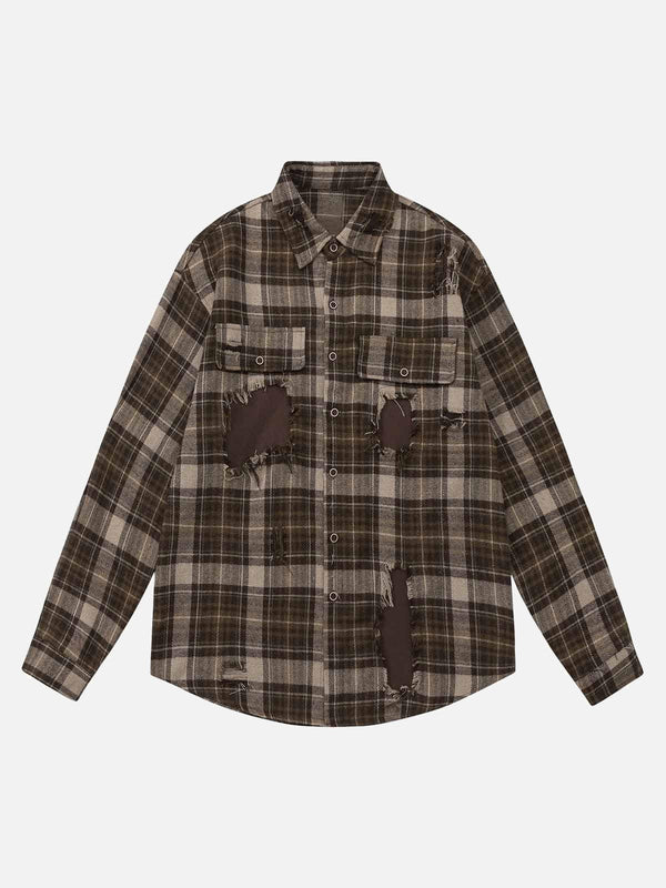 Front view of a brown plaid shirt with ripped patchwork design by TALISHKO.