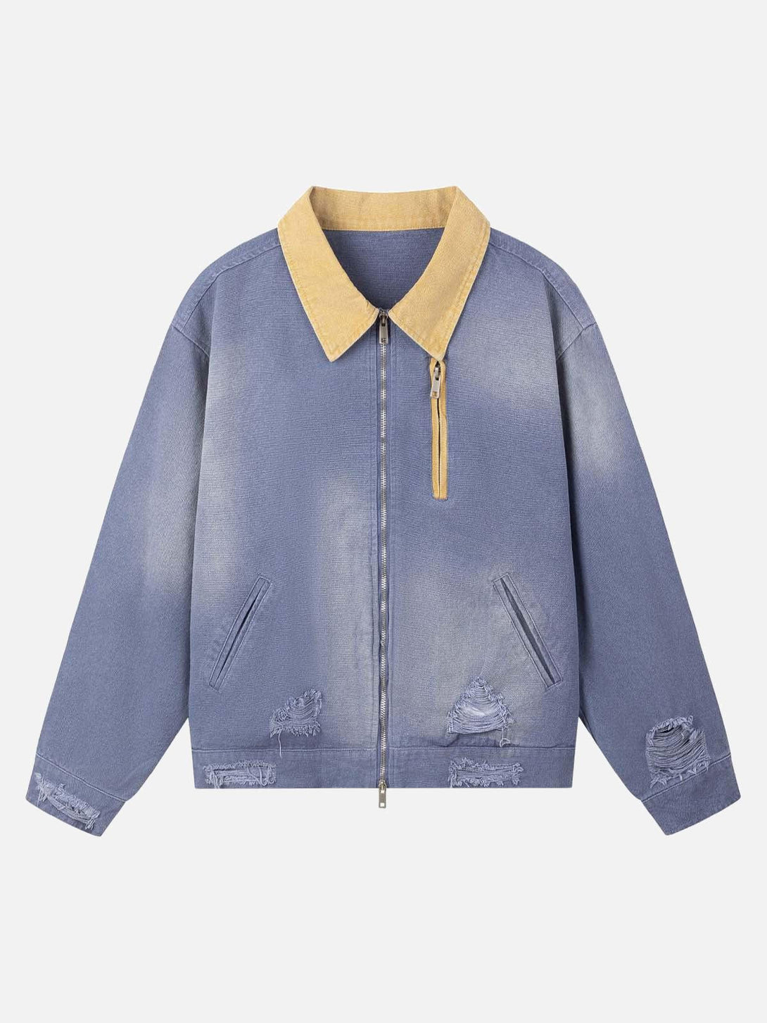 Front view of a blue TALISHKO work jacket with a tan collar and distressed accents.