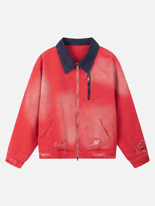 Front view of a red TALISHKO work jacket with a contrast collar and distressed details.