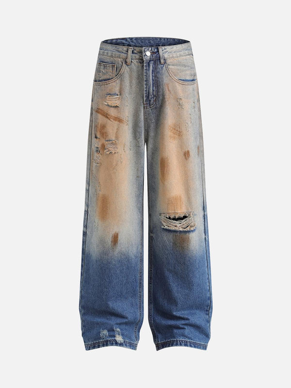 Front view of blue retro ripped jeans by TALISHKO, featuring a washed patina and hip-hop style.