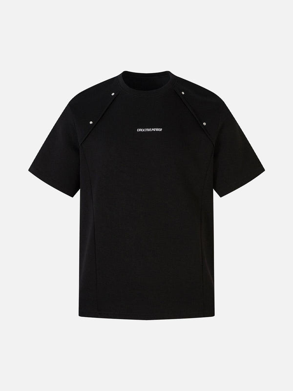 Front view of a black Retro Rivet Letter Embroidered T-shirt by TALISHKO, showcasing casual style.