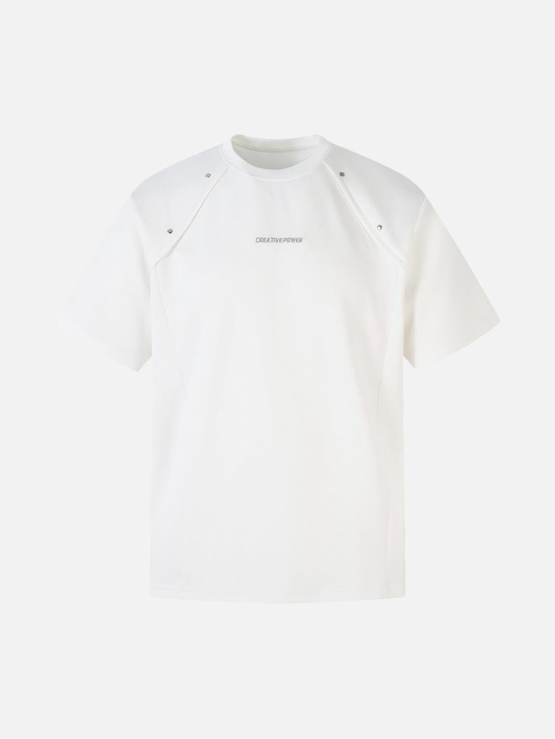 Front view of a white Retro Rivet Letter Embroidered T-shirt by TALISHKO, perfect for casual looks.