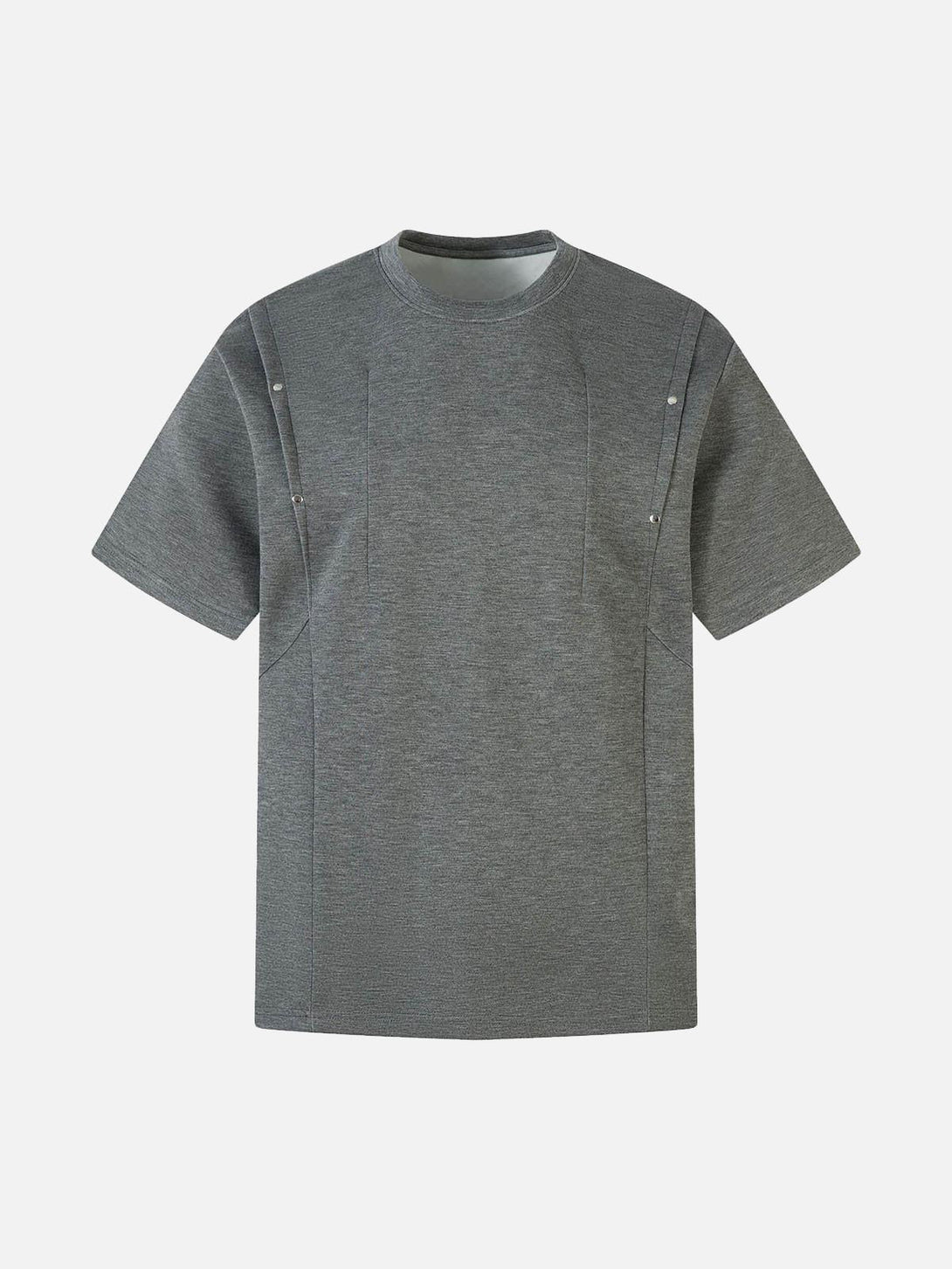 Front view of a dark gray pleated T-shirt with rivet accents by TALISHKO, ideal for stylish wear.