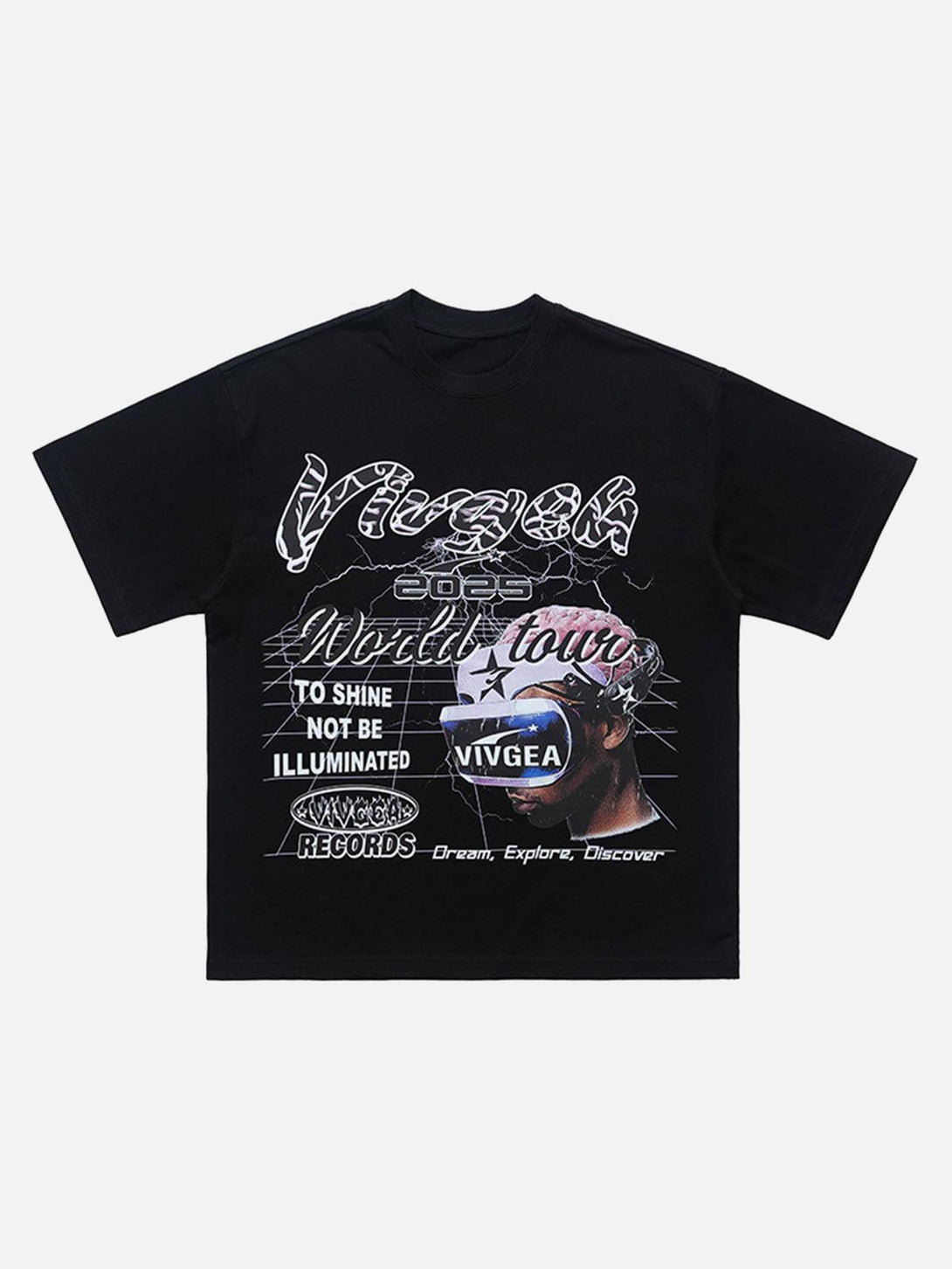 Front view of a black retro sci-fi graphic T-shirt by TALISHKO, featuring futuristic designs.