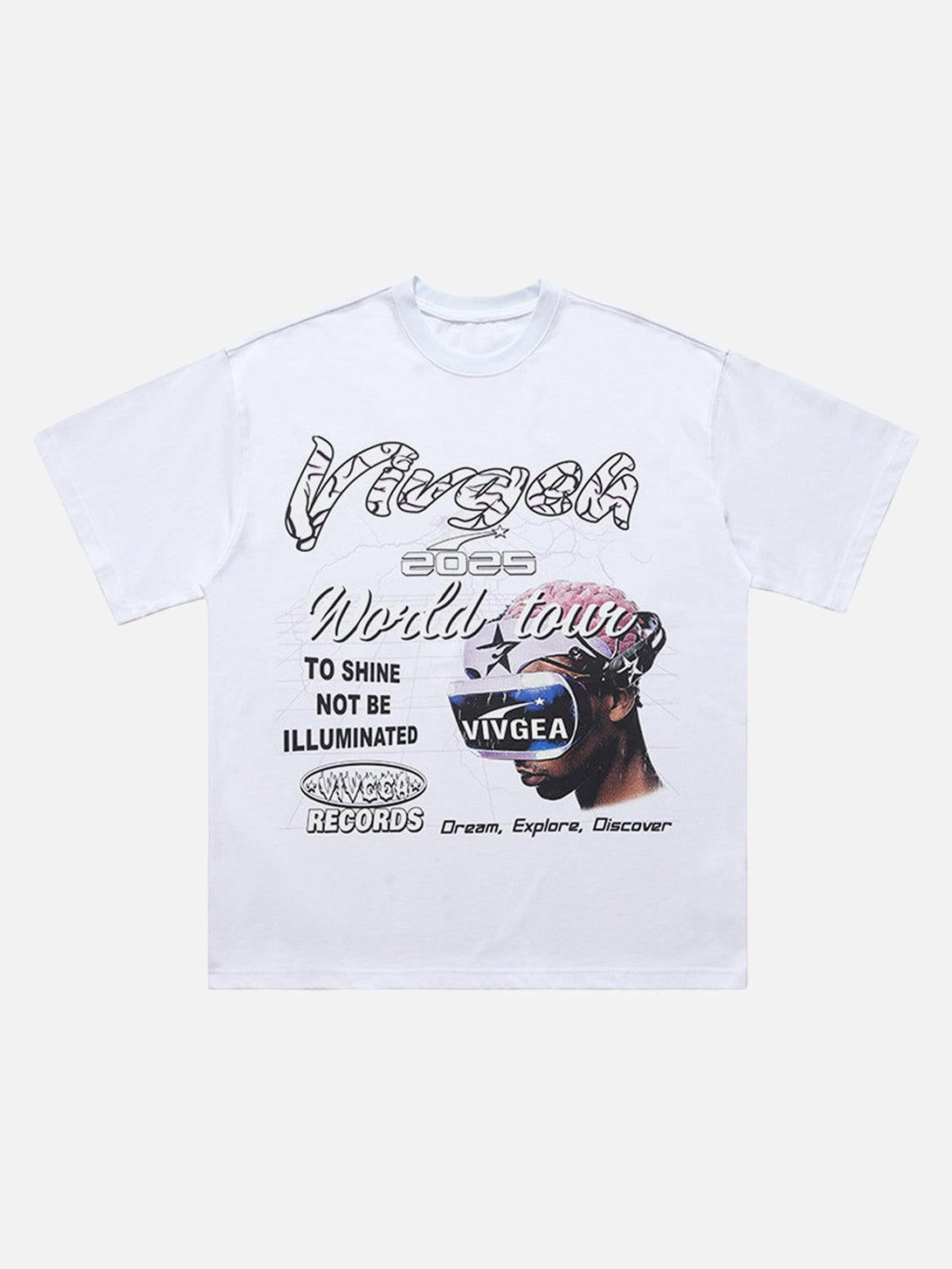 Front view of a white retro sci-fi graphic T-shirt by TALISHKO, featuring bold lettering.