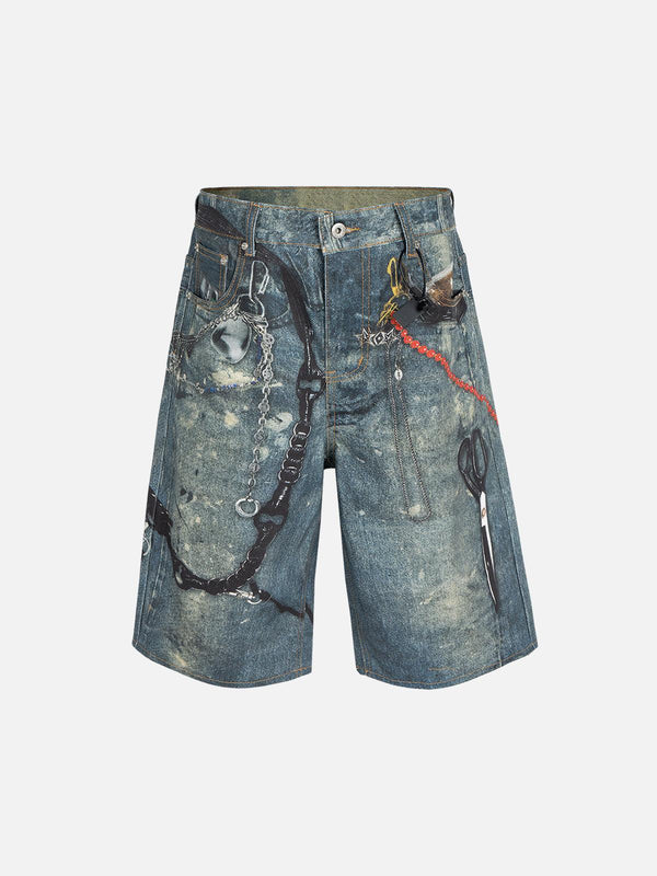 Front view of blue denim shorts with scissors print by TALISHKO, perfect for retro summer style.