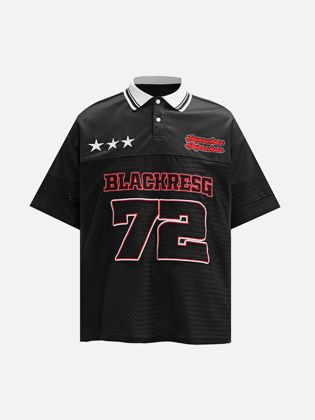 Front view of a black TALISHKO retro sports jersey polo shirt with bold red lettering.