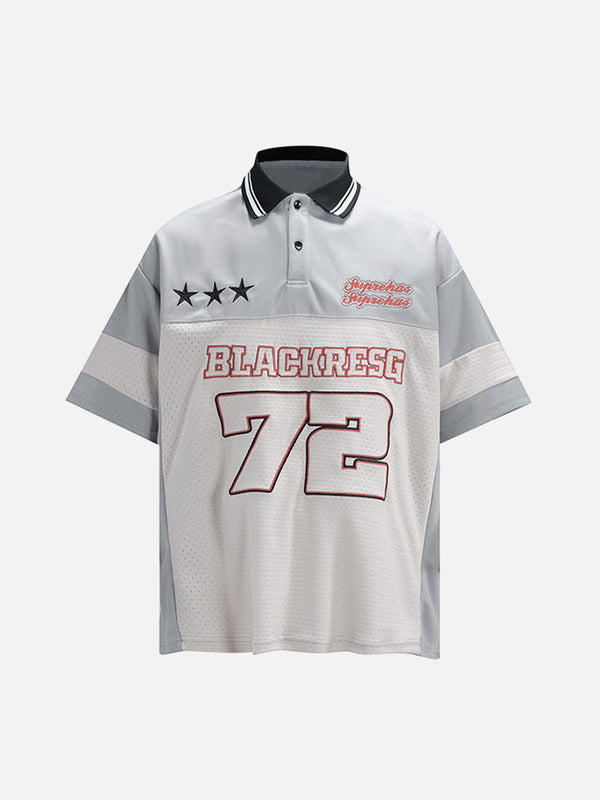 Front view of a gray TALISHKO retro sports jersey polo shirt with bold graphic details.