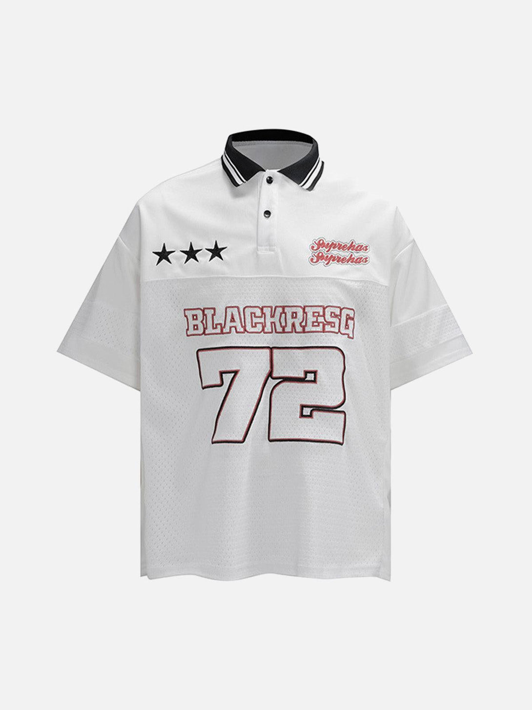 Front view of a white TALISHKO retro sports jersey polo shirt with bold red and black accents.