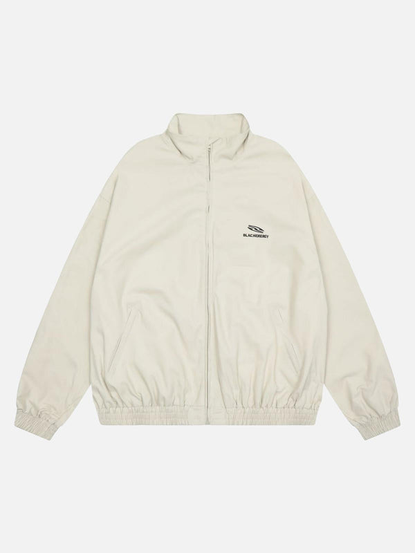 Front view of a white retro stand collar casual jacket by TALISHKO, perfect for a modern look.