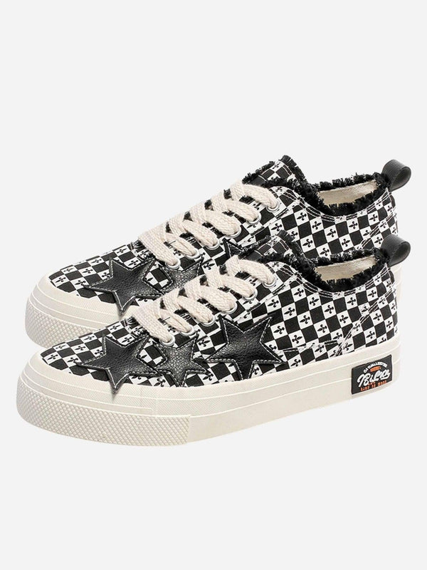 Retro star canvas shoes by TALISHKO featuring a bold black and white checkered pattern.