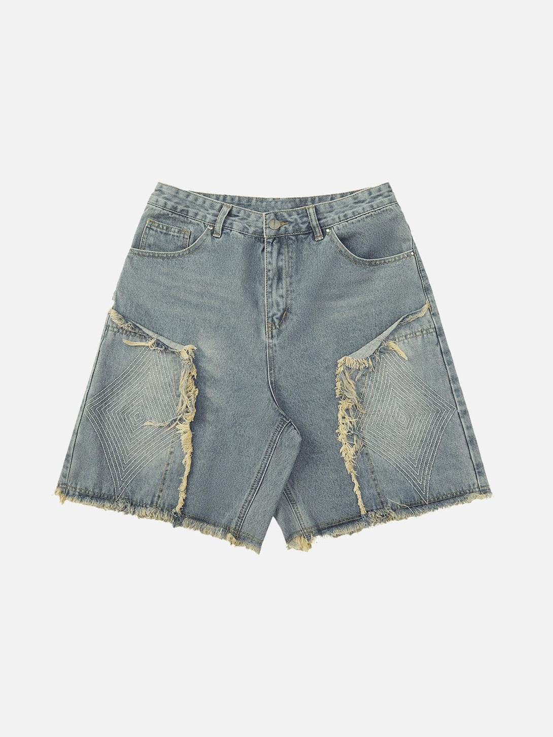 Front view of blue denim shorts with retro stitching by TALISHKO, featuring diamond embroidery.