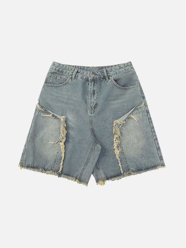 Front view of blue denim shorts with retro stitching by TALISHKO, featuring diamond embroidery.