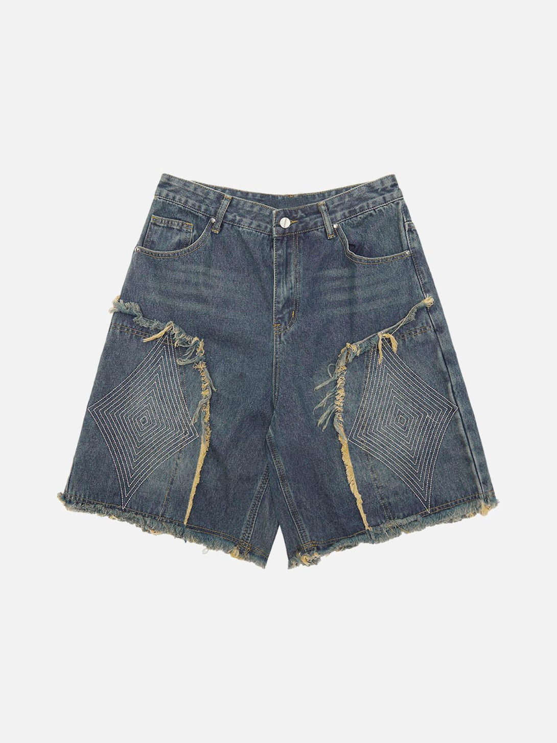 Front view of TALISHKO denim shorts, featuring diamond embroidery and frayed edges in dark blue.