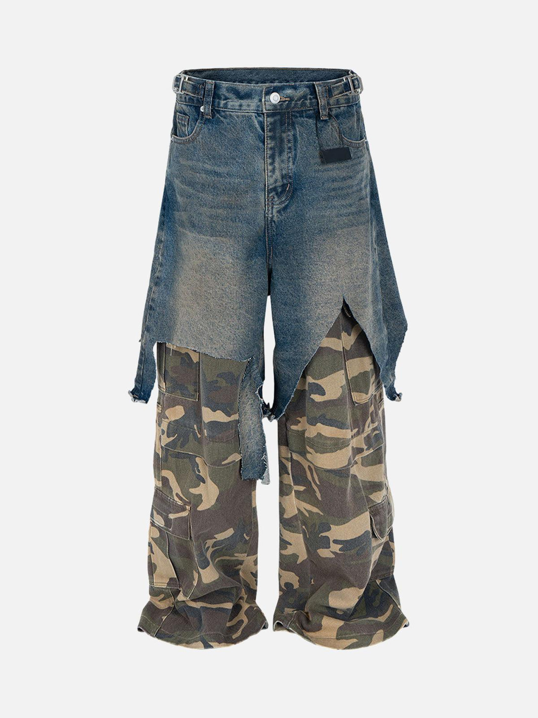 Front view of TALISHKO's retro camouflage jeans with distressed blue denim overlay.