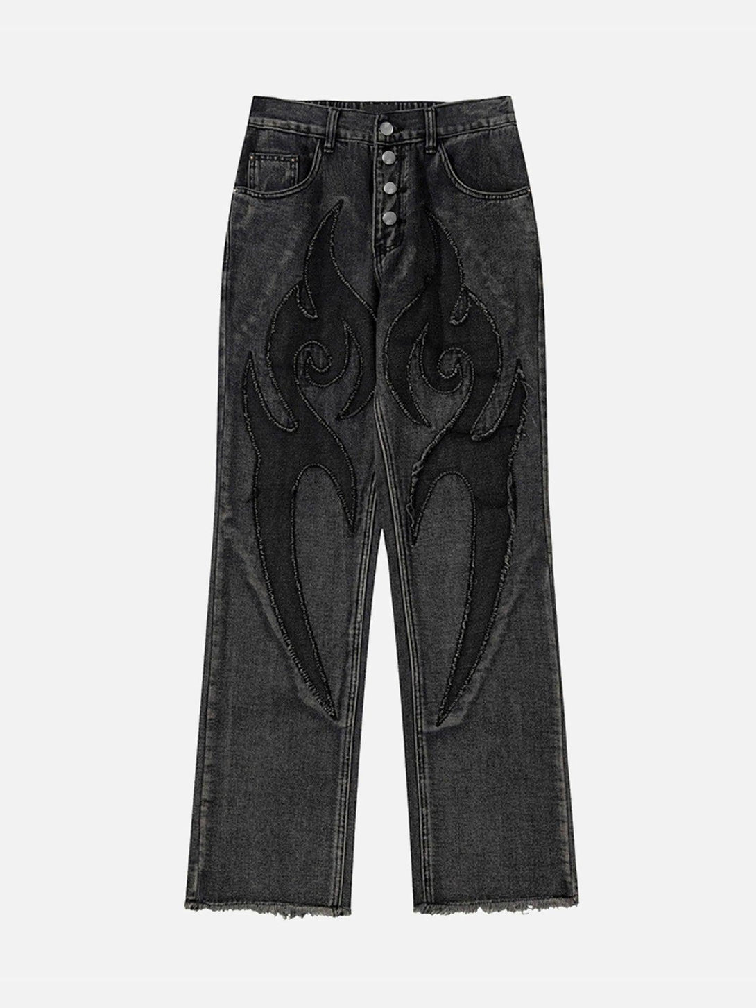 Front view of black retro straight jeans by TALISHKO, featuring bold flame embroidery design.