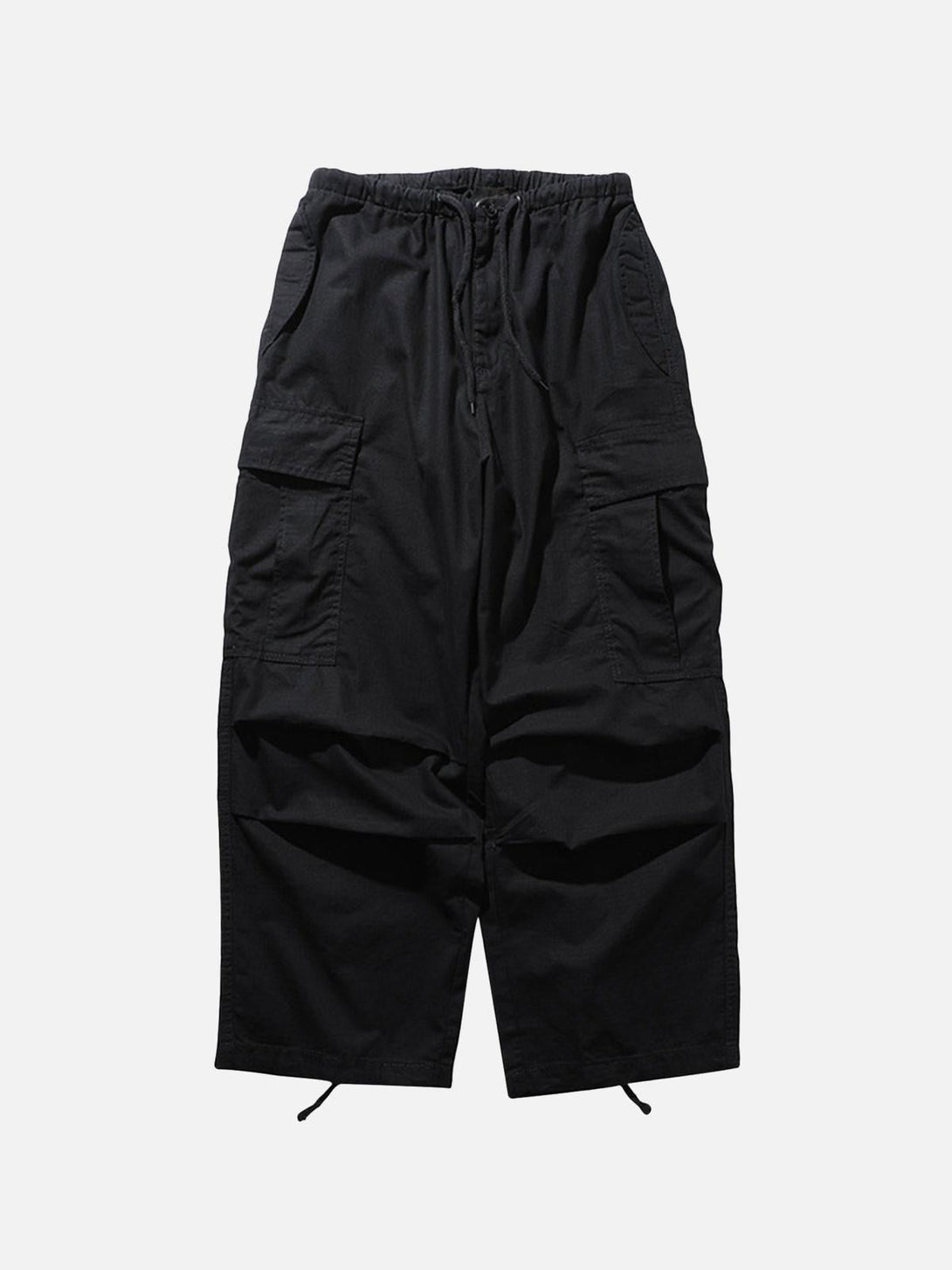 Front view of black retro straight casual pants by TALISHKO, featuring large side pockets.