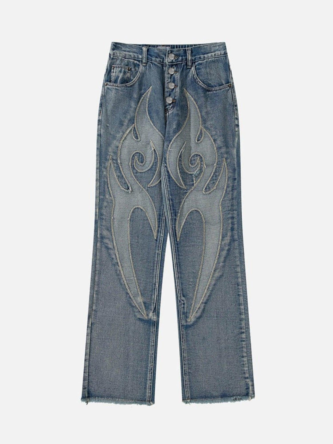 Front view of blue retro straight casual jeans by TALISHKO, featuring flame embroidery.