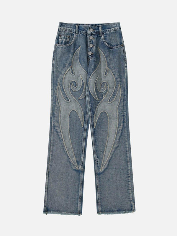 Front view of blue retro straight casual jeans by TALISHKO, featuring flame embroidery.