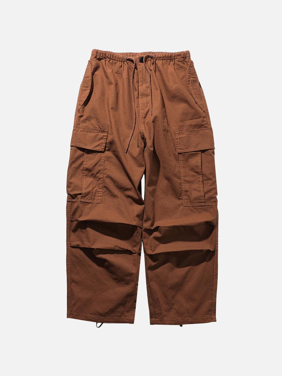 Front view of dark brown retro straight casual pants by TALISHKO, showcasing large side pockets.