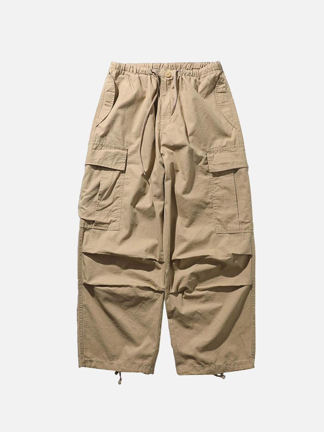 Front view of khaki retro straight casual pants by TALISHKO, featuring large side pockets.
