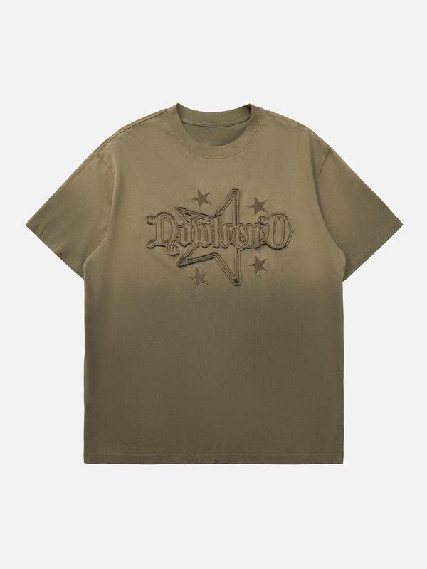Front view of a dark brown retro street gradient T-shirt with star embroidery by TALISHKO.