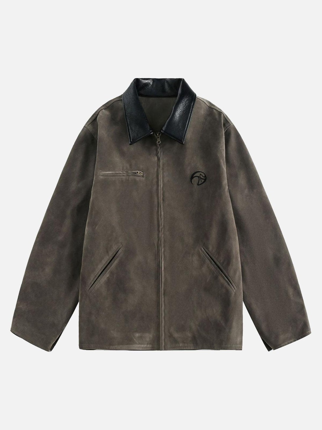 Front view of a gray retro suede motorcycle jacket by TALISHKO, featuring a sleek design.