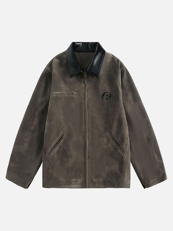 Front view of a gray retro suede motorcycle jacket by TALISHKO, featuring a sleek design.