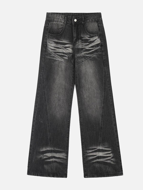 Front view of TALISHKO black retro sun-faded patchwork jeans with unique streetwear style.