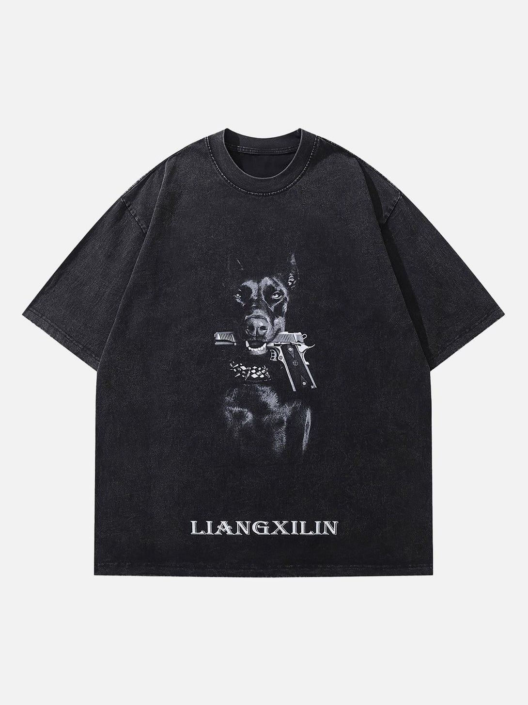 Front view of a black retro washed T-shirt featuring a Doberman design by TALISHKO.