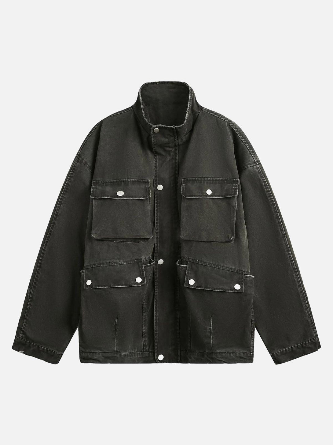 Front view of dark green multi-pocket work jacket by TALISHKO, showcasing retro washed style.