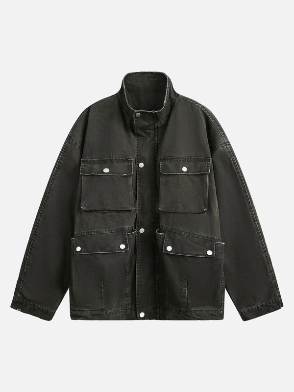 Front view of dark green multi-pocket work jacket by TALISHKO, showcasing retro washed style.