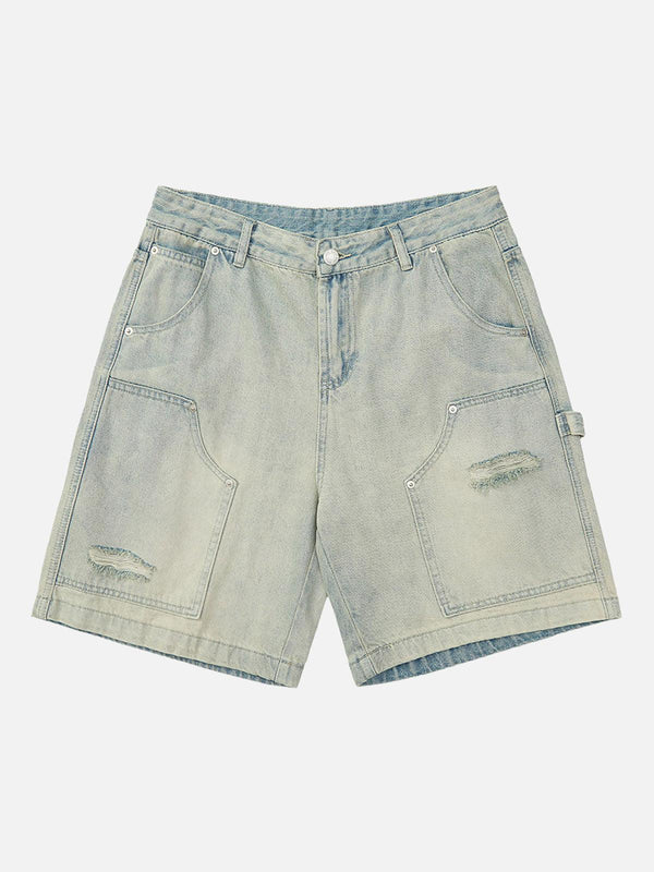 Front view of blue retro washed hip-hop shorts by TALISHKO, featuring distressed details.
