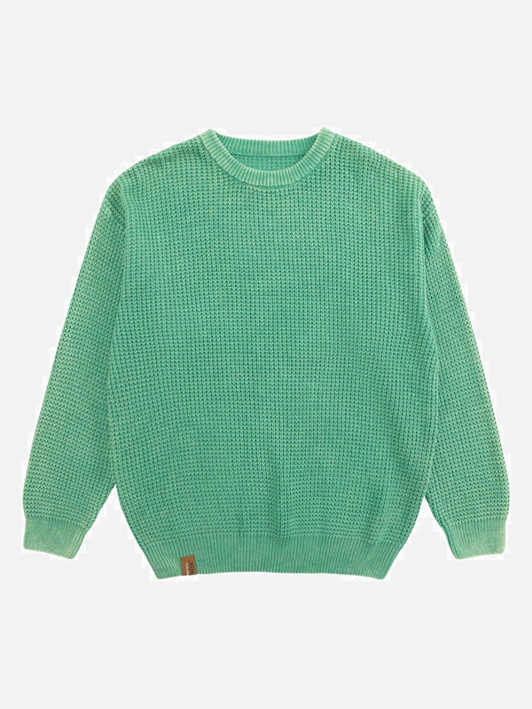 Front view of a green Retro Washed Old Label Sweater by TALISHKO, featuring a textured knit pattern.