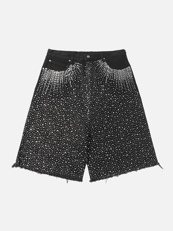 A front view of TALISHKO black denim shorts with rhinestone detailing and raw edges.