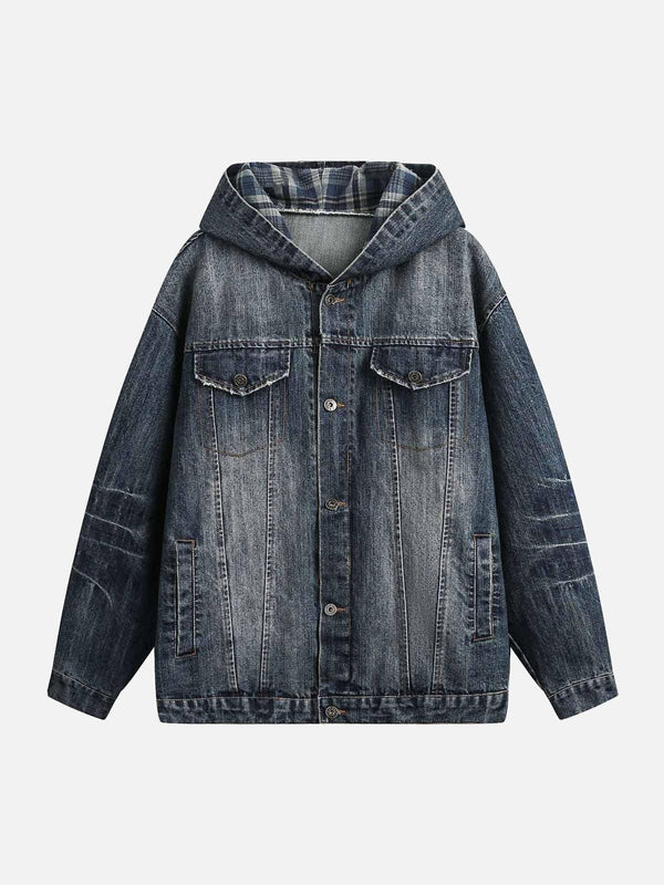 Front view of blue retro washed denim hooded jacket by TALISHKO, perfect for casual style.