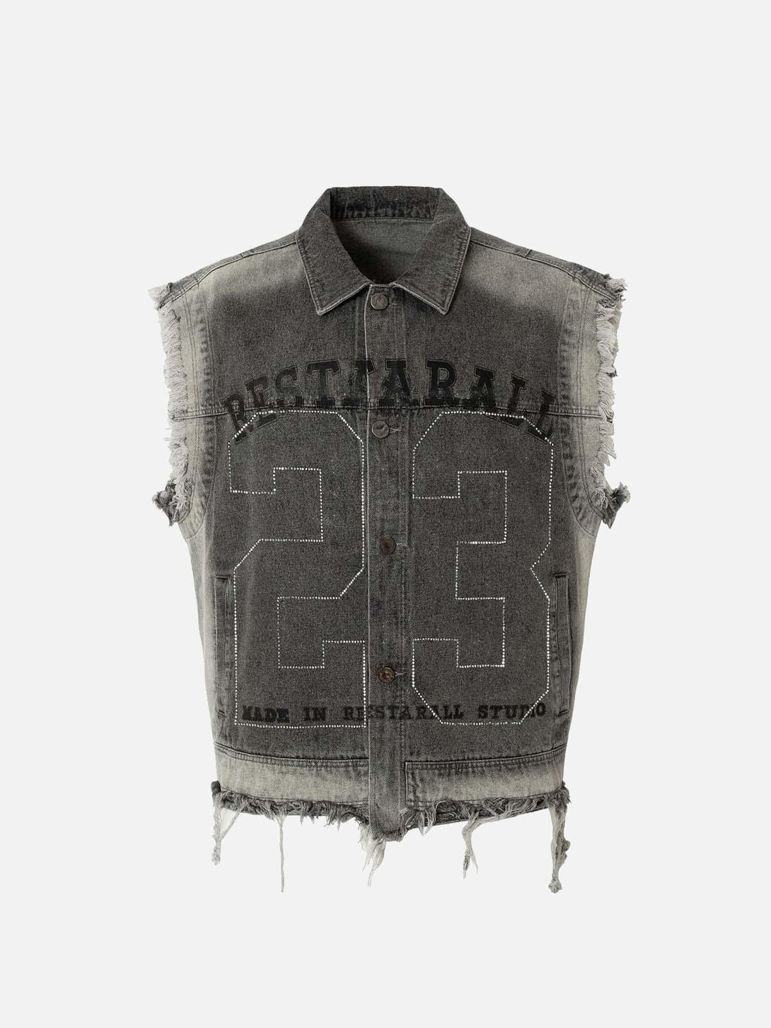 Gray denim vest with raw edges and bold graphics by TALISHKO, front view highlighting style.