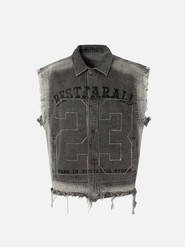 Gray denim vest with raw edges and bold graphics by TALISHKO, front view highlighting style.