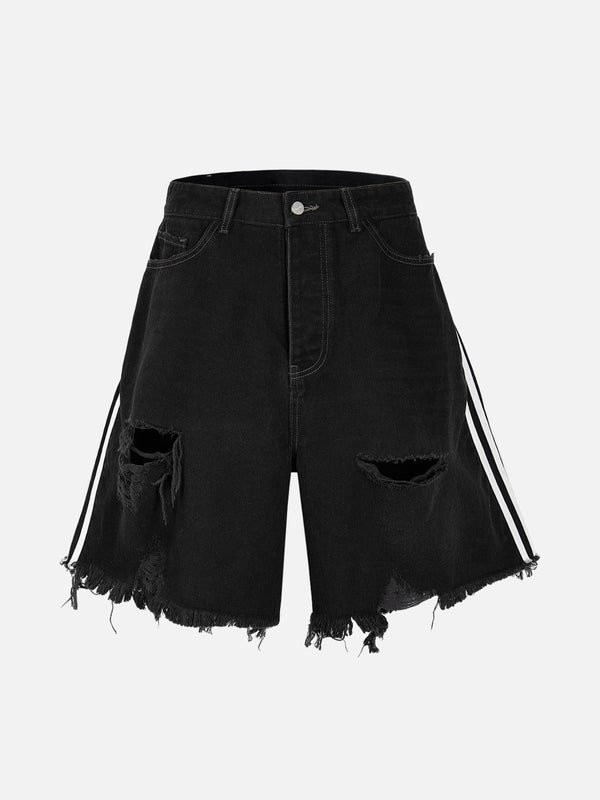 Front view of TALISHKO black retro whisker raw edge denim shorts with distressed details.